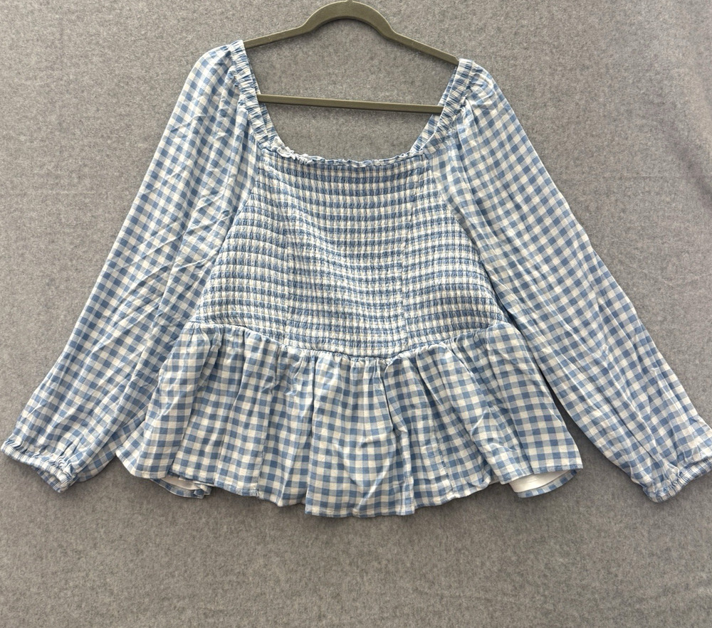 Torrid Smocked Gingham Check Print Top Sz 3X Blue White Soft Girl Coquette Boho